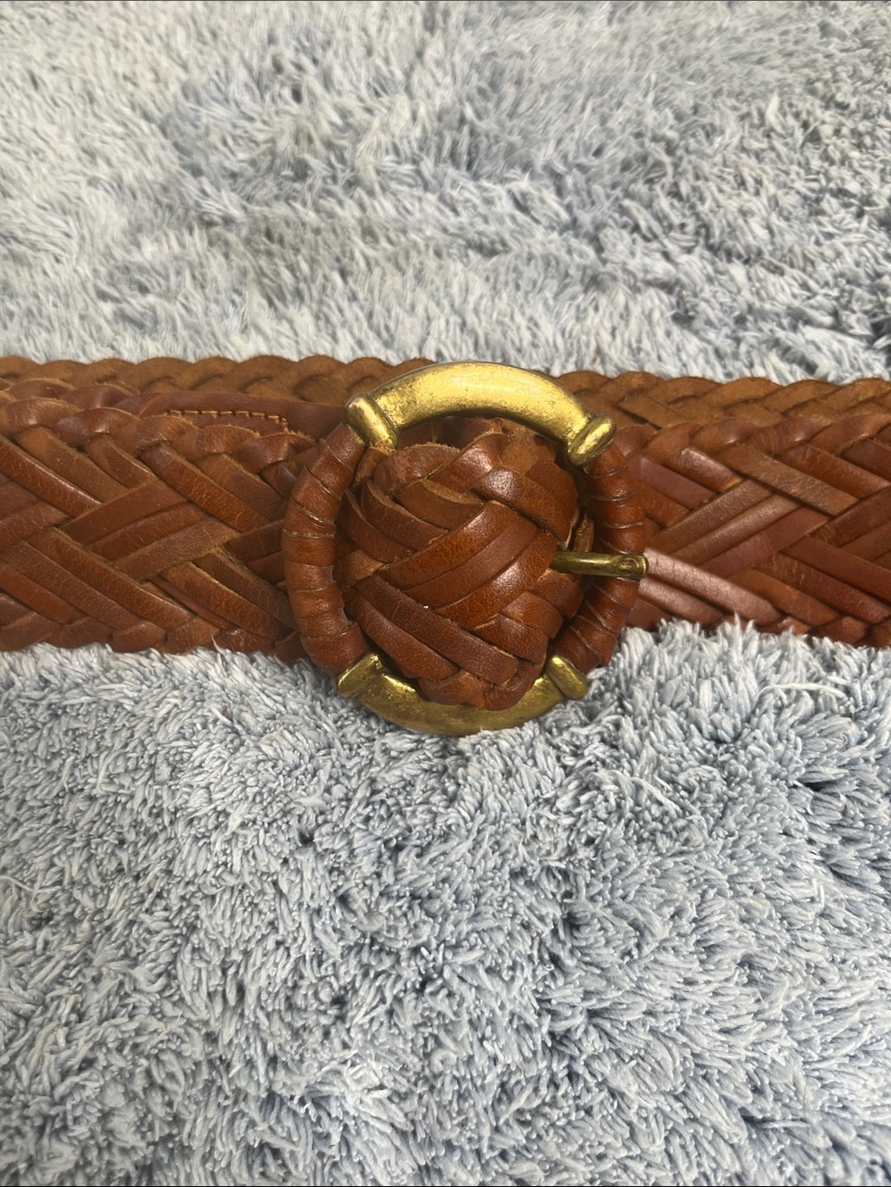 Leather and Brass Woven Leather Belt Size Medium Dark Tan Light Brown